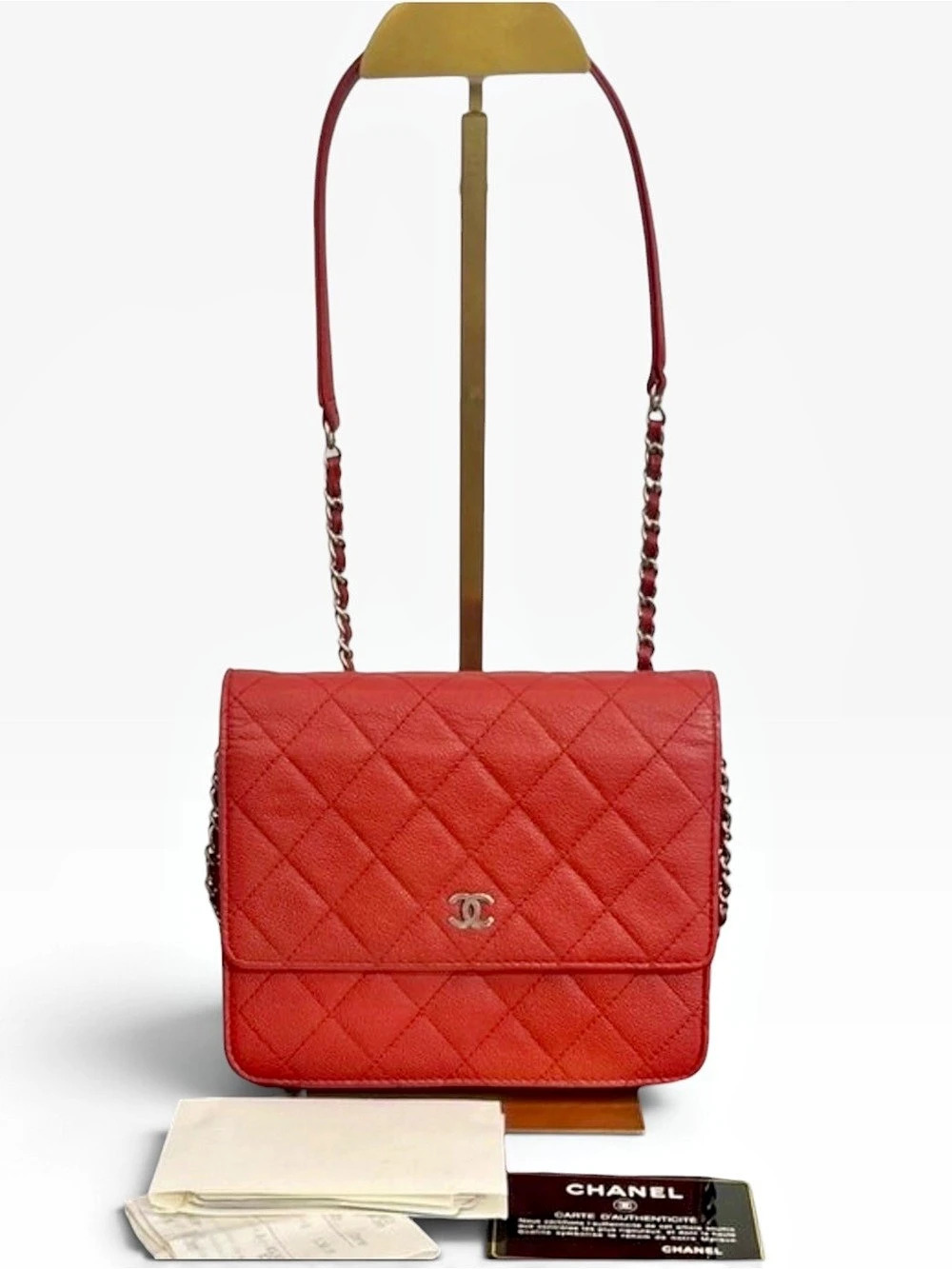 Authentic Chanel Red Caviar Leather Classic Wallet on Chain Shoulder Bag